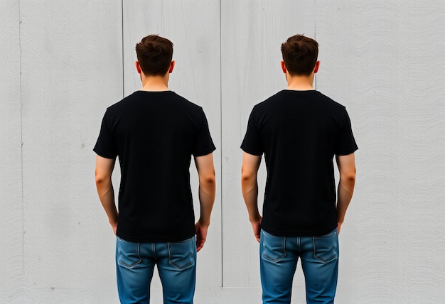 Photo black tshirt mockup front and back view of man with blank black vneck t shirt on grey concrete bac