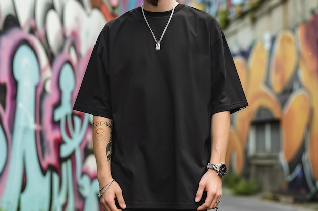 Photo black tshirt mockup on a tall male model with a graffiti wall in the background no face is visible