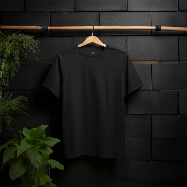 Black tshirt mockup with copyspace on dark background with plants on hanger front view