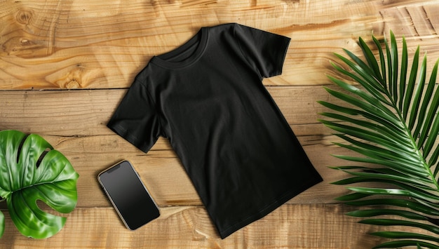 Photo black tshirt mockup on a wooden table with a blank screen smartphone in a flat lay