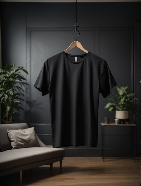 Black tshirts shirt mockup concept with plain clothing copy space on white wall background