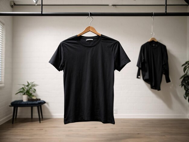 Black tshirts shirt mockup concept with plain clothing copy space on white wall background