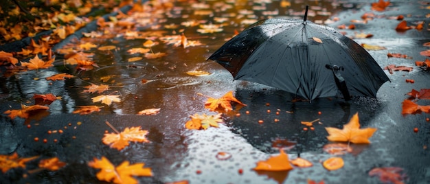 Photo a black umbrella lays open on a rainy pavement filled with vibrant fallen autumn leaves evoking a melancholic and poetic mood