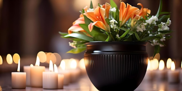 Black urn with white lilies candles and flowers on church background Concept Still Life Photography Religious Themes Floral Arrangements Candlelight Church Settings