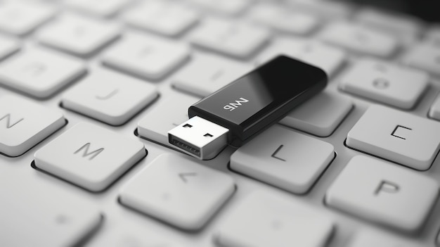 Photo black usb flash drive on a white keyboard