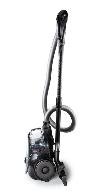 Photo black vacuum cleaner on a white background stands vertically. close up