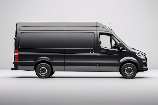 A black van with the door open is parked on a gray background.