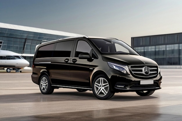 a black van with a silver logo that says mercedes on the front