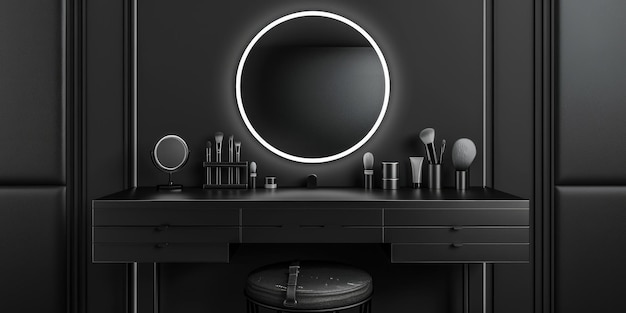 Black vanity with illuminated mirror