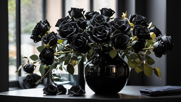 A black vase of black roses sits on a table Some petals have fallen off and lay on the table