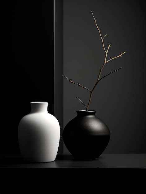 A black vase with a branch in it next to a black vase.