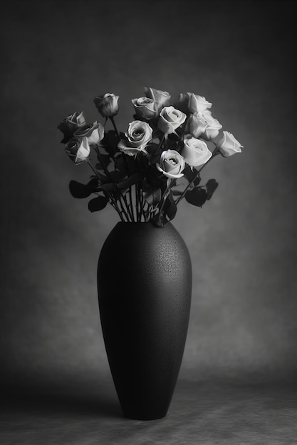 A black vase with a bunch of white roses in it