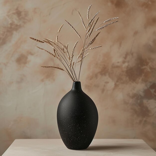 Photo a black vase with dry grass in it and a few dry branches in the middle