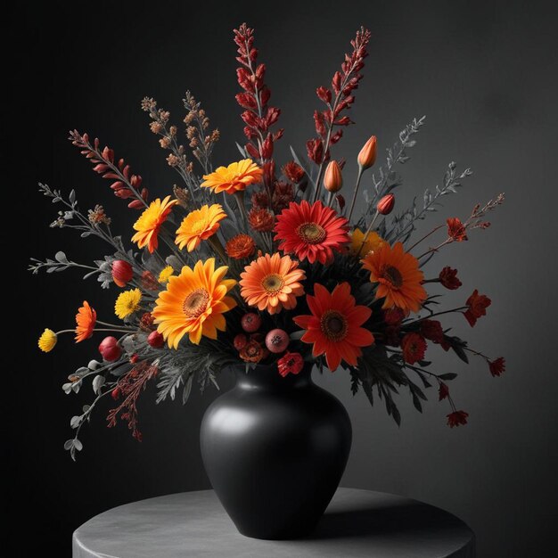 Photo a black vase with flowers and a black background with a black background