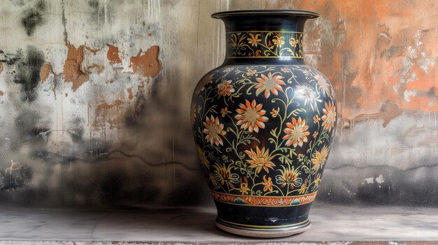 Black vase with intricate floral design against a rustic backdrop