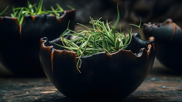 a black vase with a plant in it that has the word quot sprouts quot on it