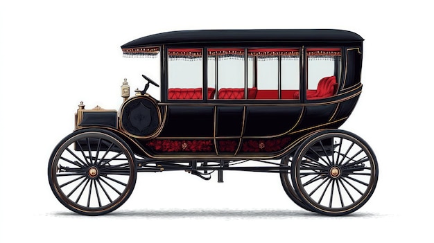 A black vintage carriage with red upholstery and gold accents drawn in a detailed cartoon style