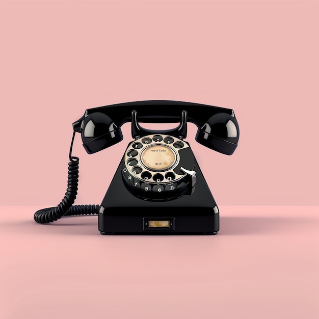 Black vintage telephone on pastel pink background