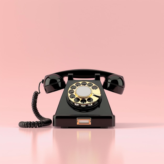 Black vintage telephone on pastel pink background