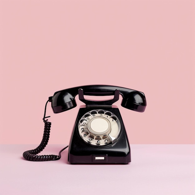 Black vintage telephone on pastel pink background