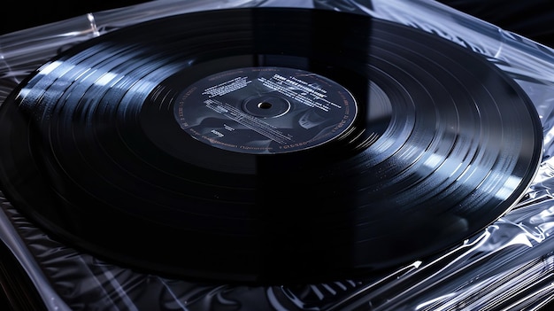 Black vinyl record album cover wrapped in transparent plastic Generative AI