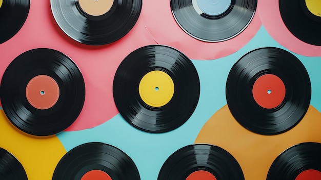 Black vinyl records arranged on a colorful background