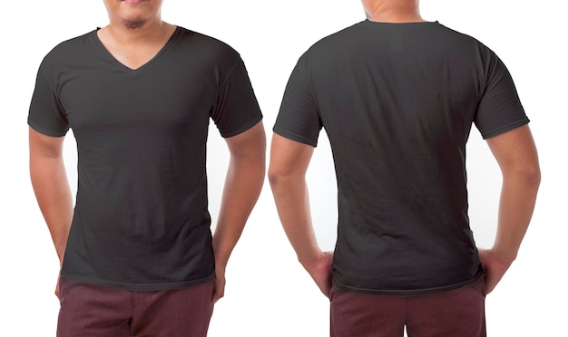 Black vneck tshirt mock up front and back view isolated Male model wear plain black shirt mockup