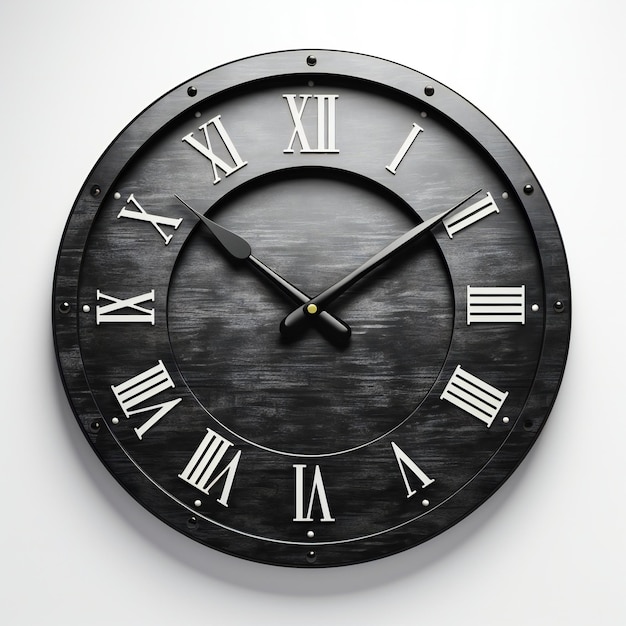 A black wall clock showing 10 minutes to midnight