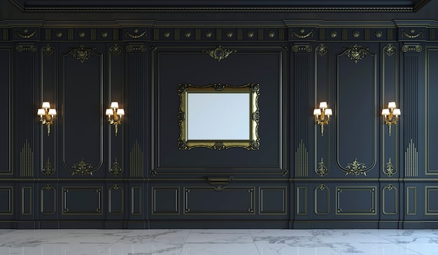 Black wall panels in classical style with gilding. 3d rendering