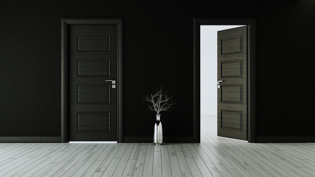 Black wall with black opened door and closed door white wooden floor chrome vase 3D rendering