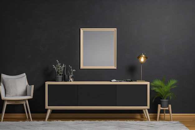 A black wall with a black and white rug, a wooden cabinet with a black frame and a plant on it.