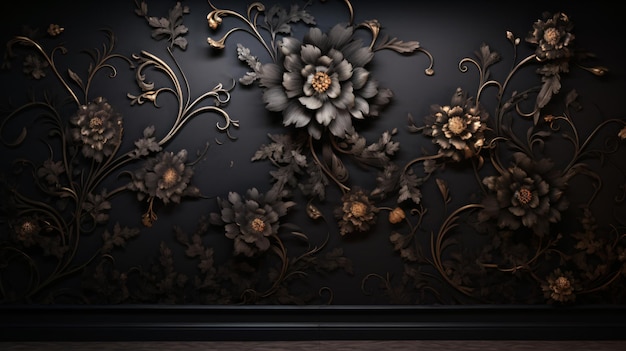 a black wall with flowers on it and a black background