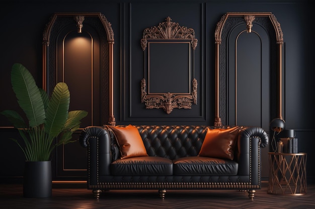 A black wall with a gold frame and a sofa in the middle.