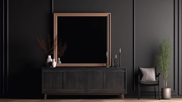 A black wall with a large mirror and a black frame.