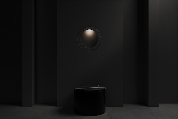 a black wall with a round window and a round window with a round circle on it