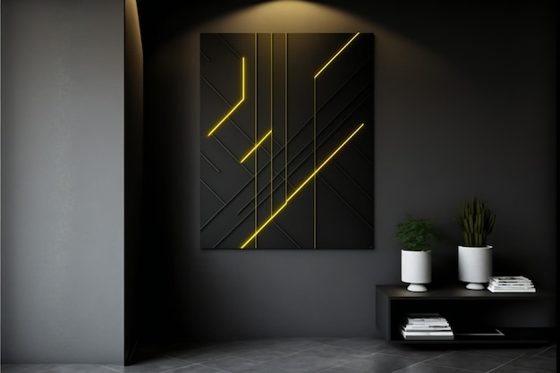 black wall with yellow line minimalist design interior