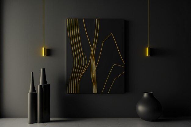 black wall with yellow line minimalist design interior