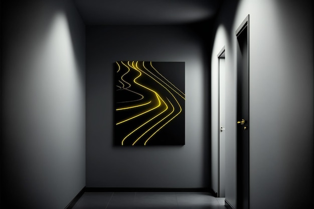 black wall with yellow line minimalist design interior