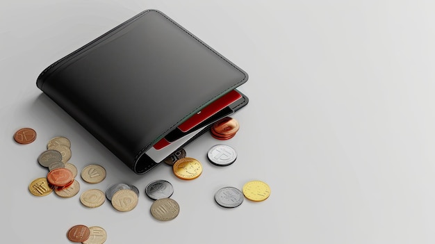 Black wallet with credit cards and scattered coins on a white background symbolizing personal finance wealth and money management