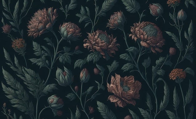 A black wallpaper with flowers on it