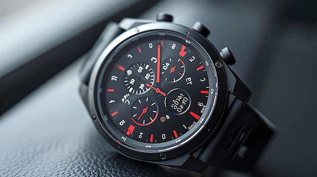 a black watch with a red and black face and the numbers 4 and 7 on the face