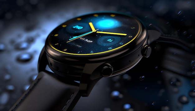 A black watch with a yellow face and the word nautilus on the screen.