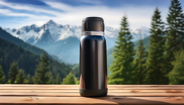 Photo a black water bottle sits on a wooden table