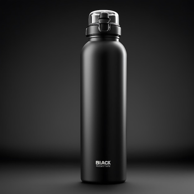 a black water bottle with a silver cap that says black on it