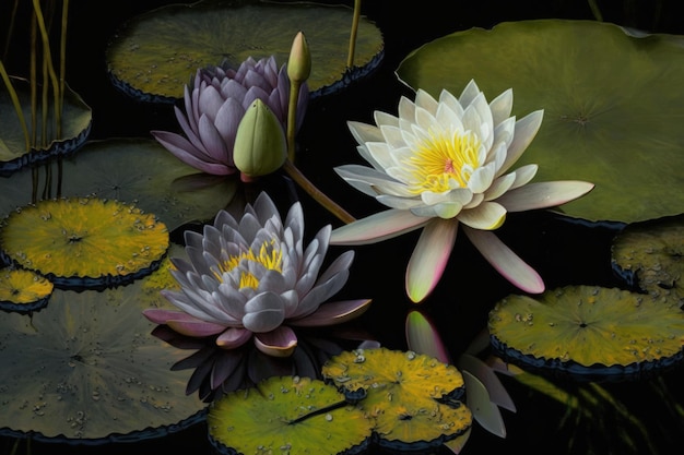 Black water with pale lavender blue and yellow water lilies and green lily pads Generative AI