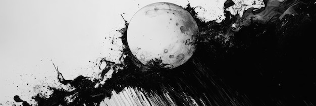 Photo a black and white abstract art piece featuring a large moon partially submerged in black ink s