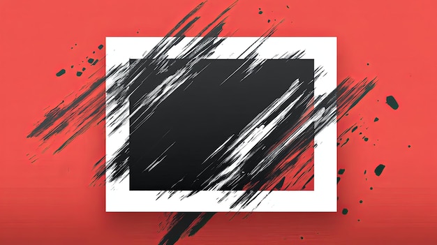 Photo black and white abstract brush strokes on red background with a white frame