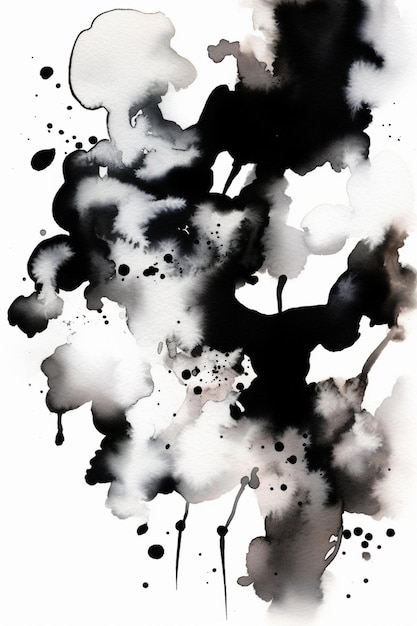 A black and white abstract painting with a white background and black and white ink.