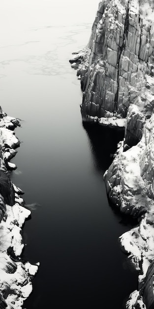 Black And White Aerial Photography Of Snowy Rocky Beach