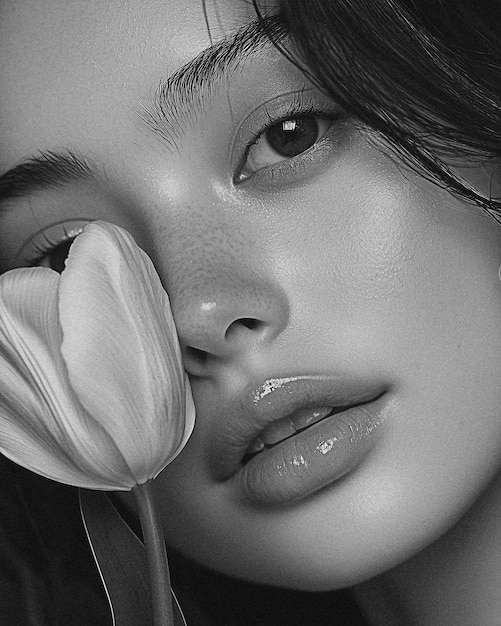 Black White Aesthetic Model Photo Portrait of a Beautiful Woman with Flower in Magazine Cover Style